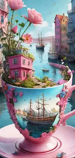 Surreal artwork of a teacup holding a village and harbor.