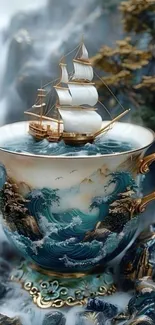 Artistic teacup with sailing ship illustration.