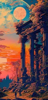 Surreal temple with sunset and moon in vibrant colors, mystical night scene.