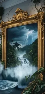 Surreal art of a thunderstorm with waterfall and golden frame.