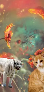 Surreal wallpaper with white tiger, orange cat, and vibrant flowers.