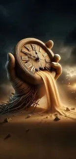 A surreal sand clock being held by a hand in a desert landscape.