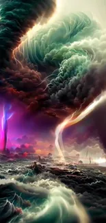 Surreal landscape wallpaper with colorful tornadoes.