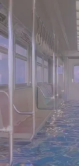 Surreal wallpaper of flooded train interior with lavender hues.