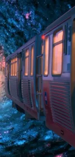 Train traveling through a cosmic tunnel with vibrant blue and orange hues.