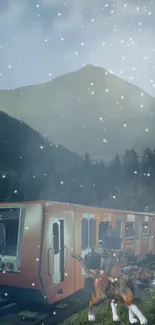 Surreal wallpaper with mountain train and snow effect.