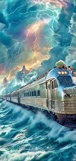 Surreal train on ocean waves with vibrant sky in an imaginative artwork.