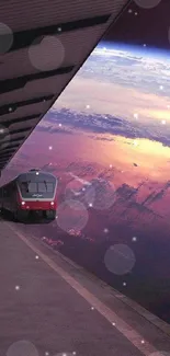 Surreal wallpaper of a train station merging with space scenery.