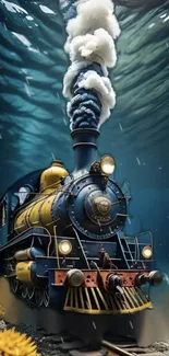 Surreal steam train traveling underwater with vibrant coral and marine details.