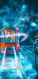 Surreal tram with cosmic effects in a vibrant blue landscape.