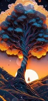 Surreal tree with vibrant colors and sunset background.