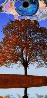 A surreal artwork depicting a tree and cosmic eye against a blue sky.