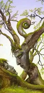 Surrealistic tree art with faces and green tones.