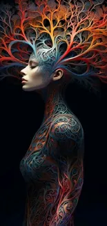 Surreal woman with tree-like hair and vibrant colors on a dark background.