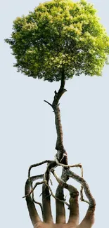 Surreal art of a tree growing from hand with roots visible.