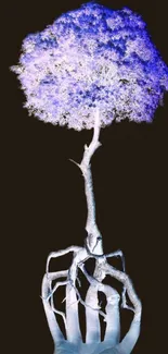 Surreal artwork of a tree growing from a hand with a purple-blue hue.