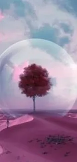 Surreal landscape with tree in a bubble under pink sky.