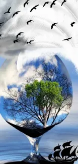 Surreal mobile wallpaper with tree in a glass globe, birds, and ship silhouette.