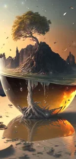 Surreal tree growing from rocky island inside glass sphere with warm hues and abstract design.