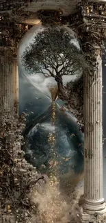 Surreal artwork of a tree in an hourglass with columns.