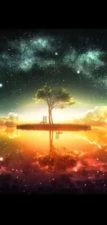 Surreal tree reflected in vibrant cosmic landscape wallpaper.