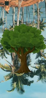 Surreal tree with a tropical beach and palm trees background.