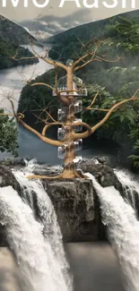 Surreal tree with staircases amid waterfalls and lush greenery.