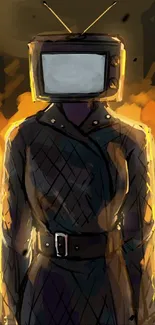 Surreal TV-headed figure amid flames artistic wallpaper.