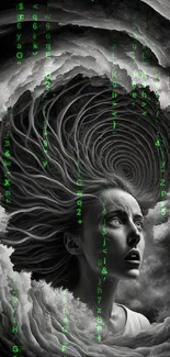 A woman in a swirling black vortex, creating a surreal artistic effect.