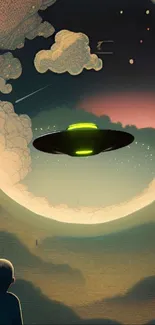 Surreal UFO hovering in a night sky with clouds and a curious observer.