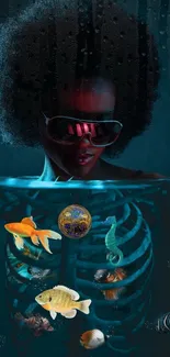 Surreal underwater art with vibrant fish and mysterious figure.