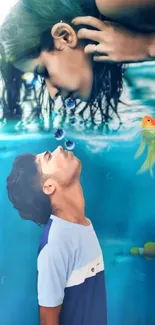 Surreal underwater scene with a man and woman connecting.