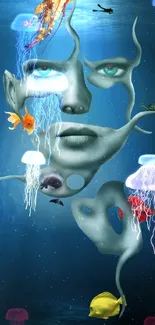 Surreal underwater art with face and ocean creatures blending.