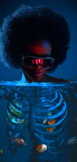 Surreal underwater art with afro-haired figure and skeleton.