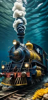 Underwater steam train with yellow accents and corals.