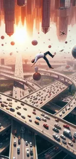 Surreal wallpaper with floating man over urban cityscape.