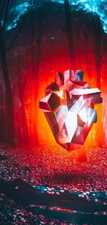 A surreal heart glowing in a vibrant, red-lit forest.