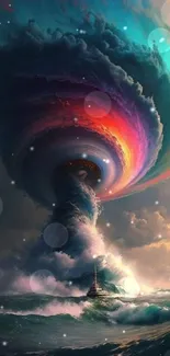 Surreal vortex over ocean with vibrant colors in a dramatic sky.