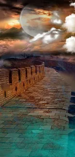 Surreal pathway by ancient wall under mystical sky with clouds and moon.