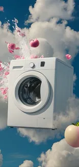 Washing machine amidst clouds and floating apples in a surreal artwork.
