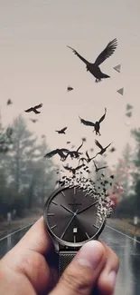 Watch turning into birds on misty road wallpaper.