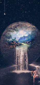 Surreal cosmic sphere with waterfall on a starry backdrop.