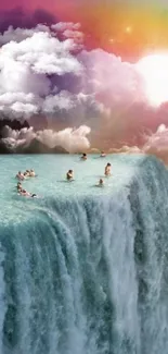 People on a surreal waterfall with clouds and sunset.