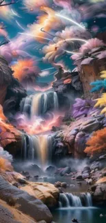 Surreal fantasy landscape with waterfalls and colorful clouds.