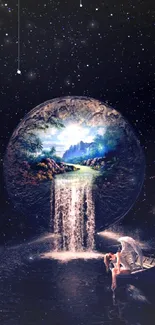 Surreal fantasy art with a waterfall under starry night.