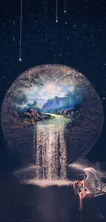 Surreal waterfall with cosmic galaxy background and serene landscape.