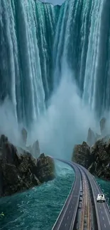 Majestic road through a surreal waterfall with teal and dark highlights.