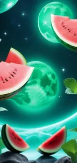 Surreal watermelon slices floating in a cosmic galaxy setting.
