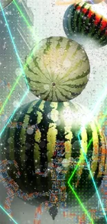 Surreal wallpaper featuring watermelons floating as planets with cosmic elements.