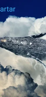 Whale soaring through clouds in a vibrant blue sky.